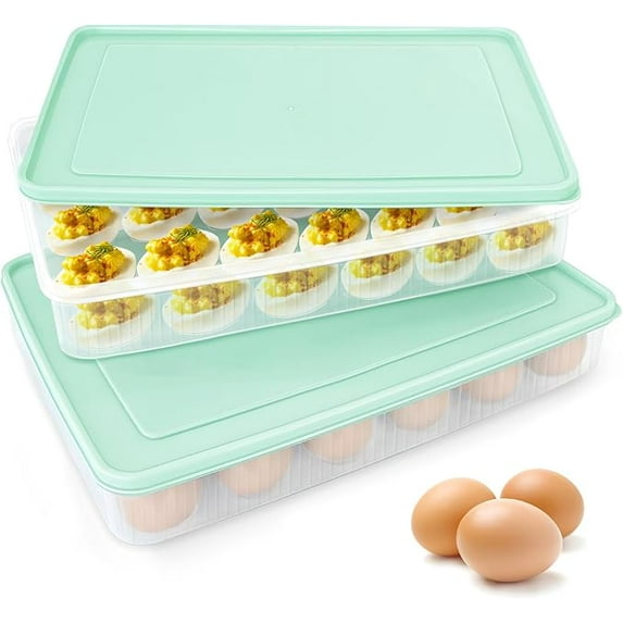 HWHCGZ 2PCS Deviled Egg Containers with Lid,Portable Storage Carrier Egg Holder,Stackable Plastic Egg Tray Carrier for Kitchen,Fridge,Keep Fresh,Easter(48 Eggs) Blue