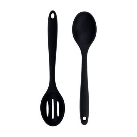HWHCGZ 2PCS Silicone Nonstick Spoons, Heat Resistant, BPA Free, Ergonomic,High Heat Resistant to 480掳F, Hygienic Design Slotted and Solid Spoons for Mixing and Serving Black