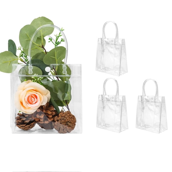 HWHCGZ 3 PCS Small Clear Gift Bags with Handles, 6.3 x 7.8 x 2.8 Inch Clear Plastic Party Favor Bag Transparent Goodie Tote Bag Gift Wrap Bags Bulk for Wedding Baby Shower Birthday Father's Day