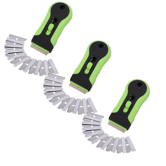 HWHCGZ 3 Pcs Razor Blade Scrape with 30Pcs Extra Blades, Razor Blade Retractable, Paint Stripping Tool, Cleaning Tool for Removing Labels, Stickers, Decals, Paint from Glass and Stovetop,Green