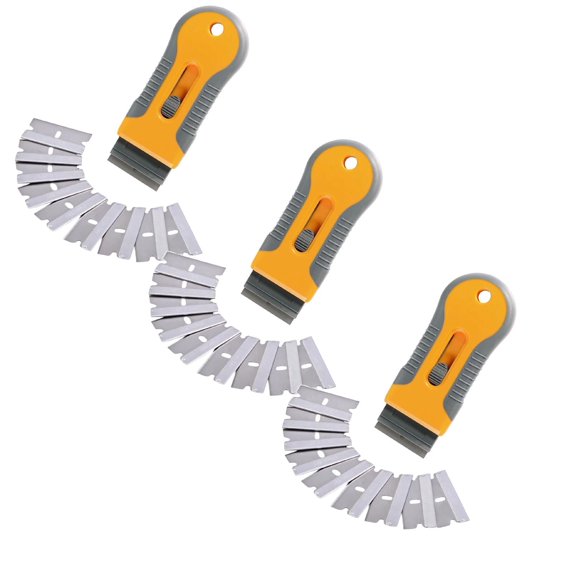 HWHCGZ 3 Pcs Razor Blade Scrape with 30Pcs Extra Blades, Razor Blade Retractable, Paint Stripping Tool, Cleaning Tool for Removing Labels, Stickers, Decals, Paint from Glass and Stovetop,Orange