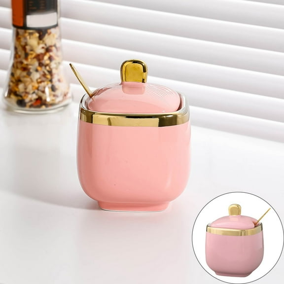 HWHCGZ 300ml Ceramic Sugar Bowl Container With Lid And Spoon Seasoning Box Ceramic Condiment Pot Condiment Jar for Coun Pink