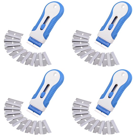 HWHCGZ 4 Pcs Razor Blade Scrape with 40Pcs Extra Blades, Razor Blade Retractable, Paint Stripping Tool, Cleaning Tool for Removing Labels, Stickers, Decals, Paint from Glass and Stovetop,Blue