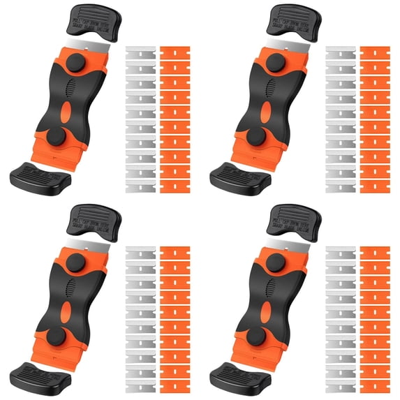 HWHCGZ 4Pcs Double Edge Razor Blade Scraper Set with 80 Pcs Replacement Scraper Blades for Scraping Labels, Decals, Stickers, Paint from Glass, Stovetop, Subfloor,Orange