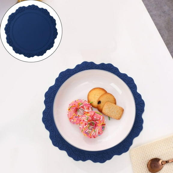 HWHCGZ 6.7" Diameter Round Silicone Placemat,Vintage Embossed Decorative Dish Mats Heat Resistant Waterproof Placemats for Dining Table Coffee Mats Tea Time Mats Dark Blue