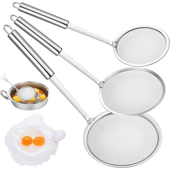 HWHCGZ 6Pcs Stainless Steel Fat Skimmer Spoon Hot Pot Skimmer with Long Handle for Skimming, Cooking, Frying, Grease, Gravy and Foam,Silver,(Small+Medium+Large)*2 Set (6Pcs)