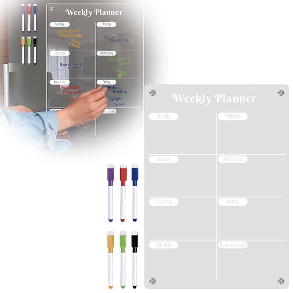 HWHCGZ Acrylic Magnetic Dry Erase Calendar for Fridge Clear Vertical Weekly Meal Planner Menu Erasable Whiteboard Planning Board,White,Large Size