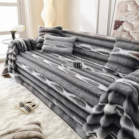 HWHCGZ Faux Rabbit Fur Sofa Covers for Sectional Sofa Luxury Gradient Color Couch Cover for Dogs Grey Ombre Loveseat Covers Futon Cover L Shaped Cover Washable Couch Protector