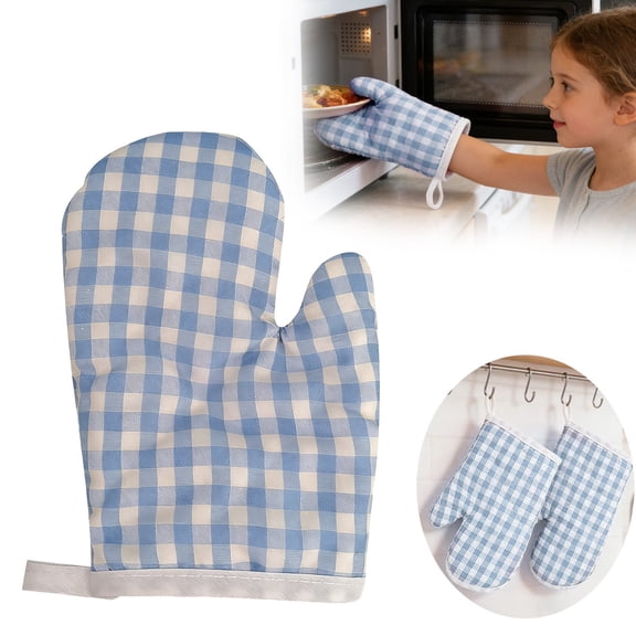 HWHCGZ Long 4.7"x7" Oven Microwave Hand Gloves Mitts (1 pc) for Kitchen Cooking & Baking - Heat Resistant, Thick & Safe, Protection of Hands from Hot Utensils - Ticking Blue