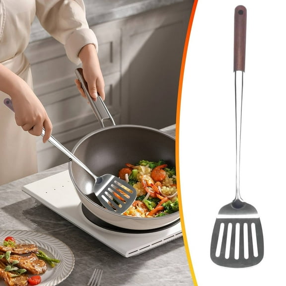 HWHCGZ Wok Spatula and Ladle, Skimmer Ladle Tool , 304 Stainless Steel Wok Tools Set with Wooden Handle, 17inches Long Handle Cooking Utensils Set for Wok Cooking Slotted shovel Silver
