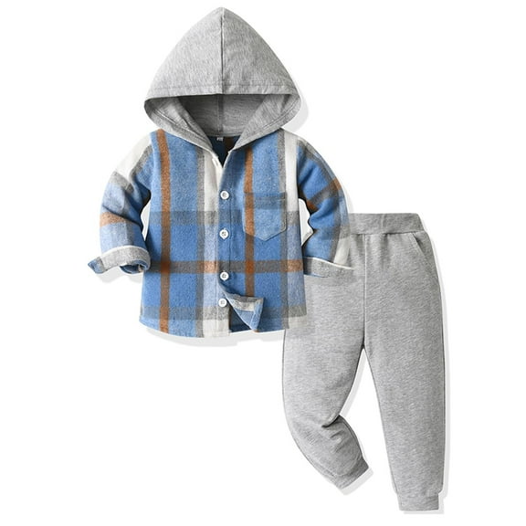 HWJAD 2-7 Years Boys Outfit Sets 2Pcs Flannel Plaid Shirt and Pants Set Hoodie Sweatsuit for Fall Spring Kids Clothes