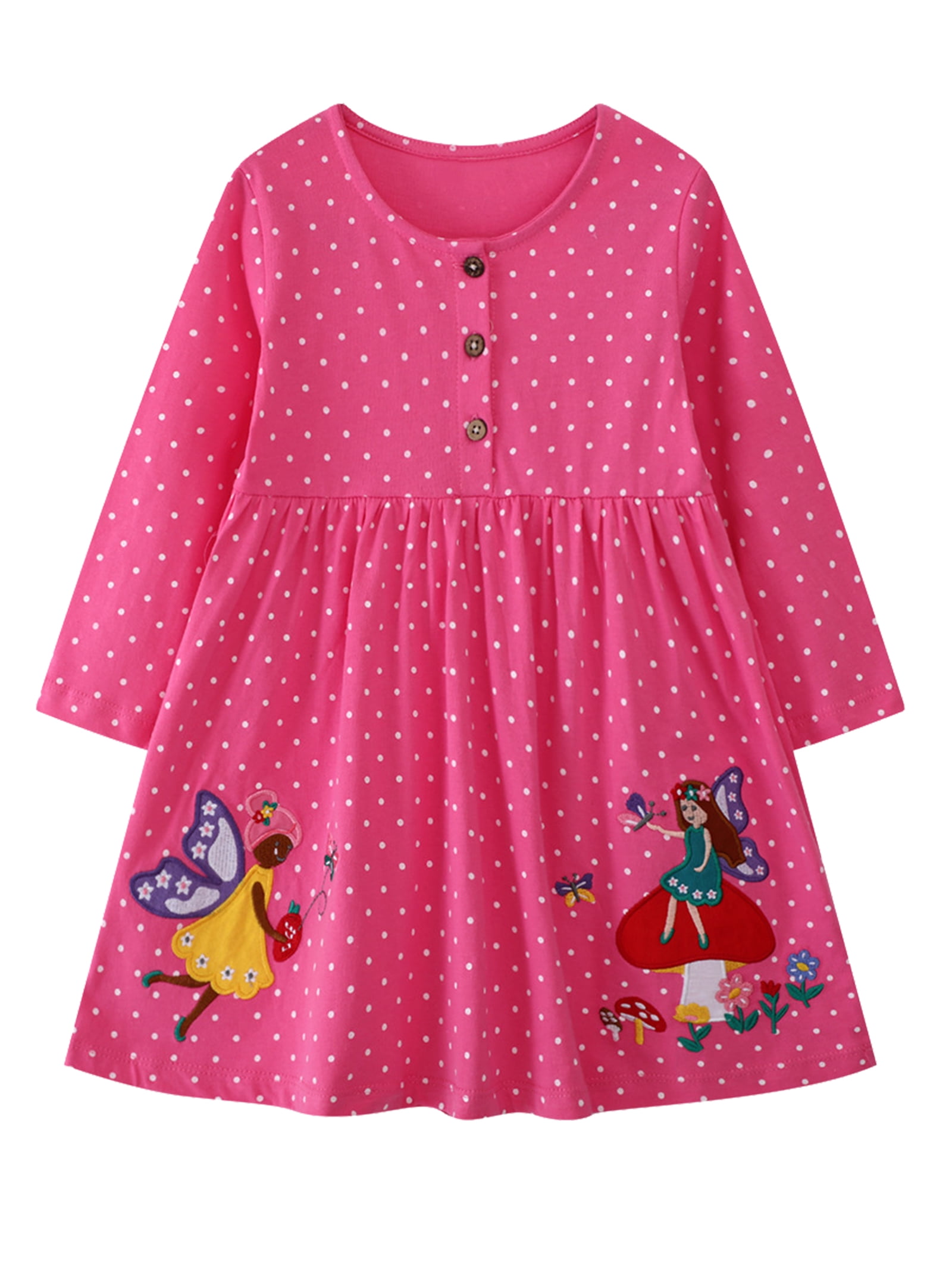 HWJAD 2-7 Years Kids Girl's Dresses Cotton Jersey Long Sleeve Button Swing  A-Line Cute Fairy Midi Casual Polk Dot Dress