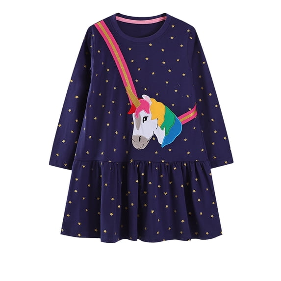 HWJAD 2-7 Years Kids Girl's Dresses Cotton Jersey Long Sleeve Crewneck Swing A-Line Cute Appliques Unicorn Midi Casual Star Print Dress