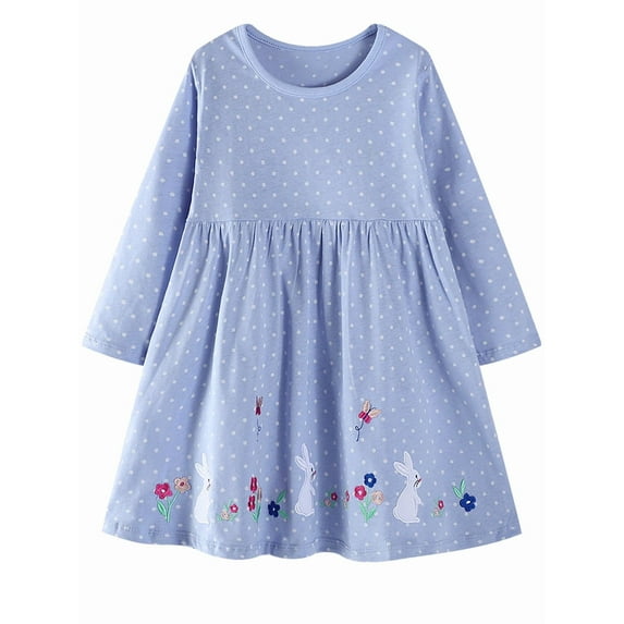 HWJAD 2-7 Years Kids Girl's Dresses Cotton Jersey Long Sleeve Crewneck Swing A-Line Cute Rabbit Midi Casual Polk Dot Dress