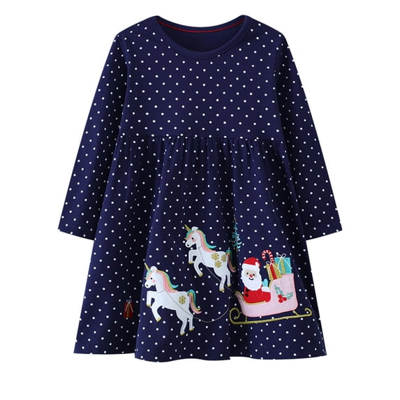 HWJAD 2-7 Years Kids Girl's Dresses Cotton Jersey Long Sleeve Crewneck Swing A-Line Cute Santa Claus Unicorn Midi Christmas Dress