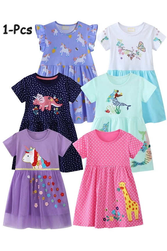 2-7T Baby Girls Summer Dress Flower Unicorn Toddler Cotton Layered Tutu Dress Tulle Dresses Princess Party Dress 1-Piece