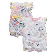 HWJAD 2-Pack Baby Girls And Toddler Everyday Summer Rompers Snap-Up Jumpsuit, Floral+Rainbow