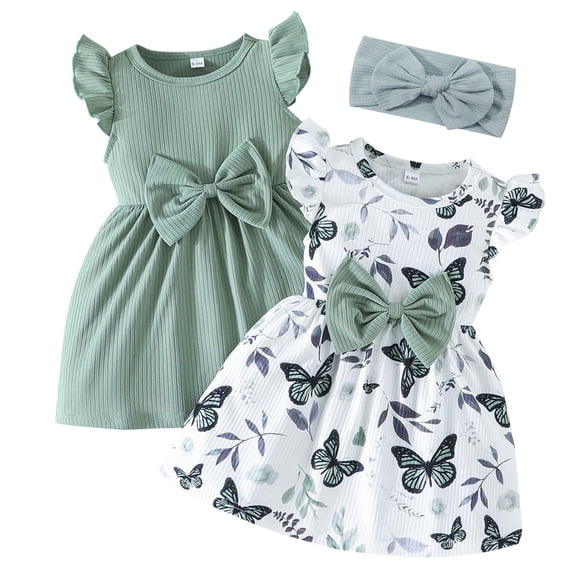 HWJAD 2 Pack Summer Dress and Headband for Baby Girls 6M-3Y Ruffles Sleeveless A-Line Dresses for Toddler Kids Casual Sundress Clothes