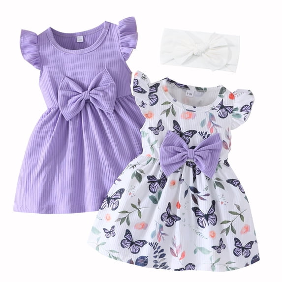 HWJAD 2 Pack Summer Dress and Headband for Baby Girls 6M-3Y Ruffles Sleeveless A-Line Dresses for Toddler Kids Casual Sundress Clothes