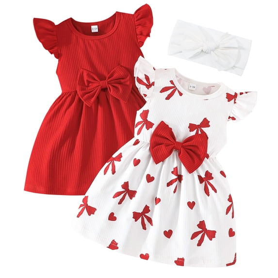 HWJAD 2 Pack Summer Dress and Headband for Baby Girls 6M-3Y Ruffles Sleeveless A-Line Dresses for Toddler Kids Casual Sundress Clothes