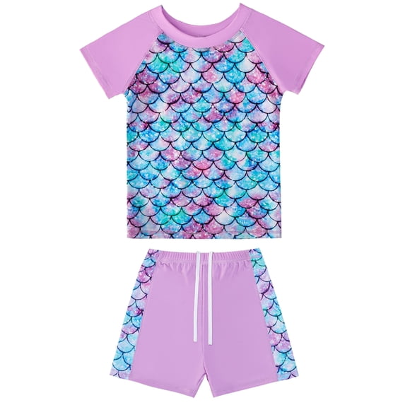 HWJAD 2 Pieces Girls Rash Guard Little Girl Swimsuit Short Sleeve Bathing Suit Swimwear for Kids 4-12 Years, Mermaid