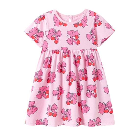 HWJAD 2026 New Style Toddler Girls Short Sleeve Cotton Dress Bows Love Heart Casual Summer Dress Kids Swing Dress