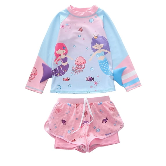 HWJAD 3-9T Girls' and Toddler 2-Piece Rashguard Swimset Bathing Suit Long Sleeve Swimsuit with Shorts Swimwear,Mermaid