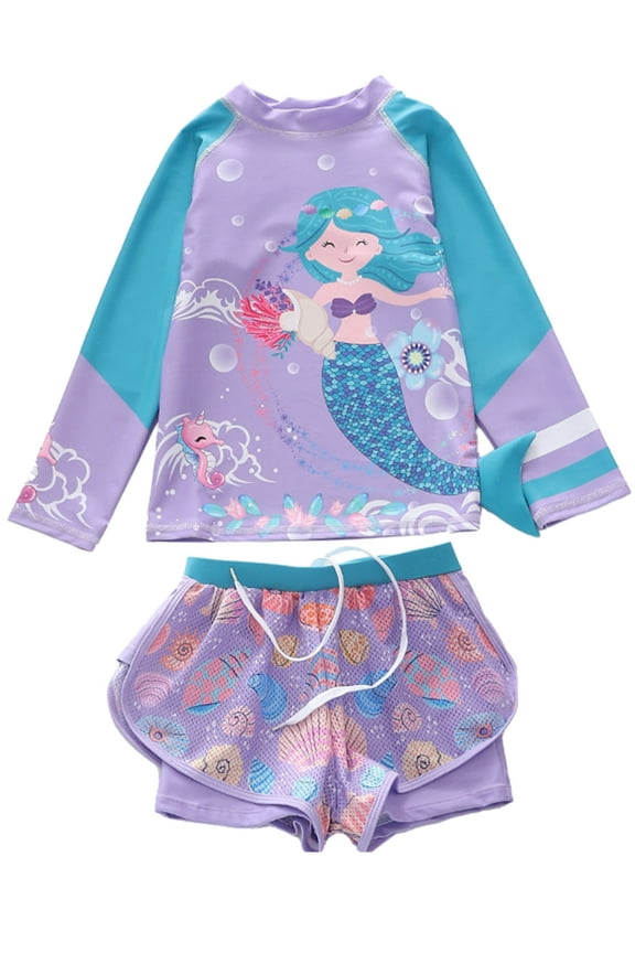 3-9T Girls' and Toddler 2-Piece Rashguard Swimset Bathing Suit Long Sleeve Swimsuit with Shorts Swimwear,Mermaid