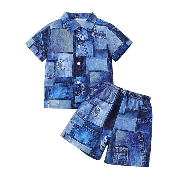 HWJAD 6M-3Y Toddler Boys Denim Print Outfit Kids Short Sleeve Button Down Shirt & Shorts Set Infant Baby Boy Summer Clothes