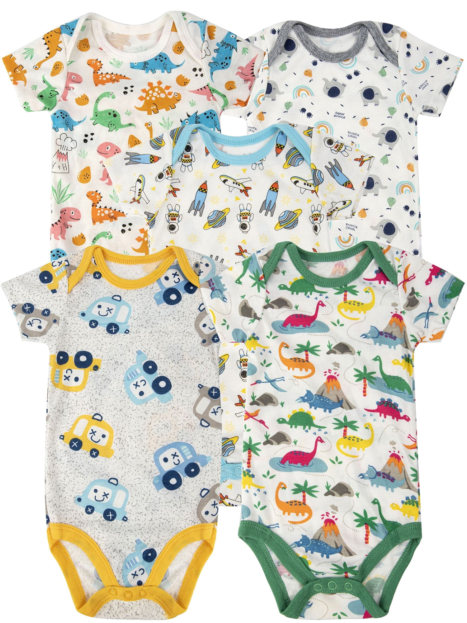 HWJAD Baby Boys 100% Cotton 5-pack Short Sleeve Bodysuits Onesies for Newborn Infant Baby