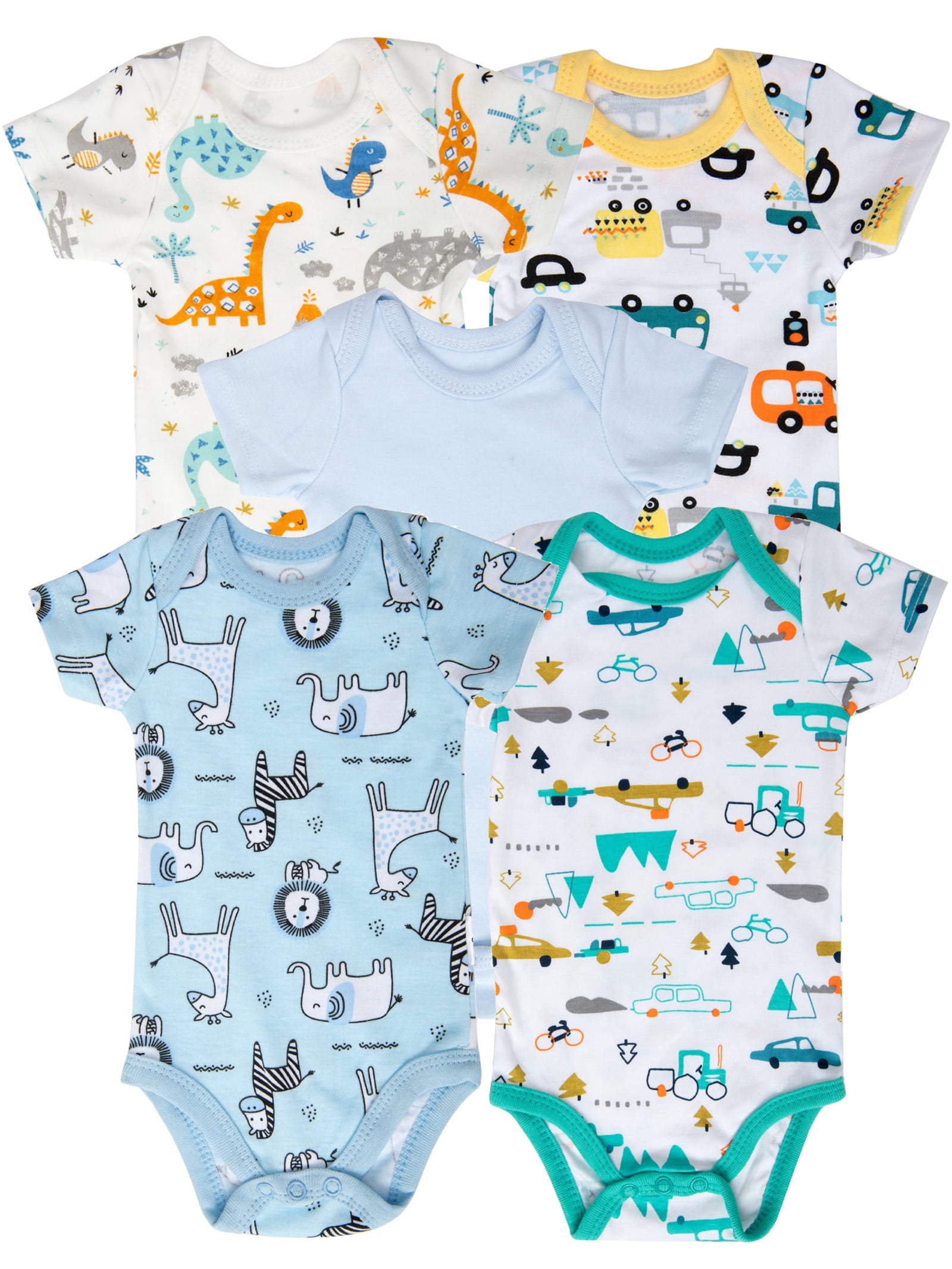 HWJAD Baby Boys 100% Cotton 5-pack Short Sleeve Bodysuits Onesies for Newborn Infant Baby