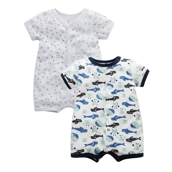 HWJAD Baby Boys 2-Pack Cotton Short Sleeve Rompers Everyday Summer Snap-Up Jumpsuit, Whale+Bear