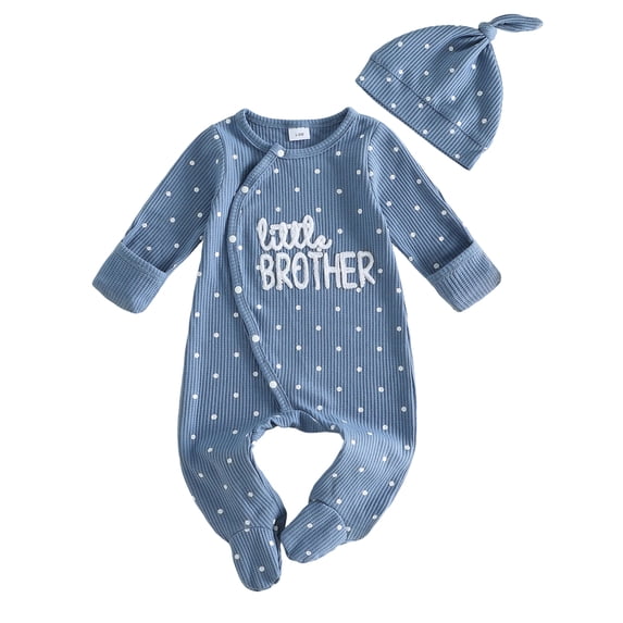 HWJAD Baby Boys Waffle Footed Romper Set for Little Brother Newborn Long Sleeve Jumpsuit Coming Home Clothes Infant Bodysuit Hat Fall Outfits