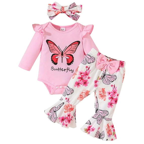 HWJAD Baby Girl Clothes Infant Newborn Outfits Butterfly Romper Floral Pants Cute Headband Sets for Girls (0-3-6-12-18 Months)