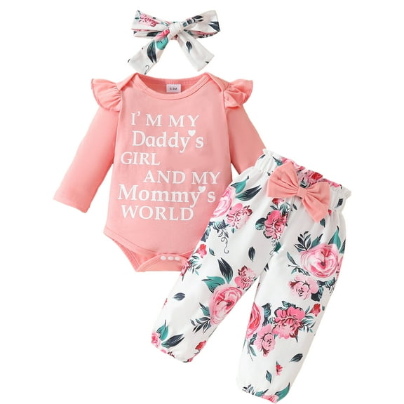 HWJAD Baby Girl Clothes Infant Newborn Outfits Mommy's World Romper Floral Pants Cute Headband Sets for Girls (0-3-6-12-18 Months)