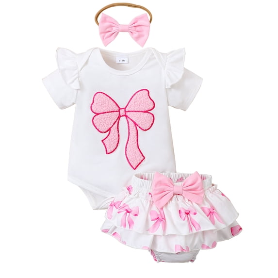HWJAD Baby Girl Clothes Summer Outfits Short Sleeve Romper Ruffle Skirt Shorts Newborn Bowknot Bodysuit Sets