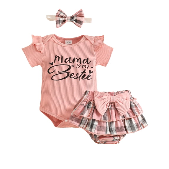 HWJAD Baby Girl Clothes Summer Outfits Short Sleeve Romper Ruffle Skirt Shorts Newborn Mama's Bestie Bodysuit Sets