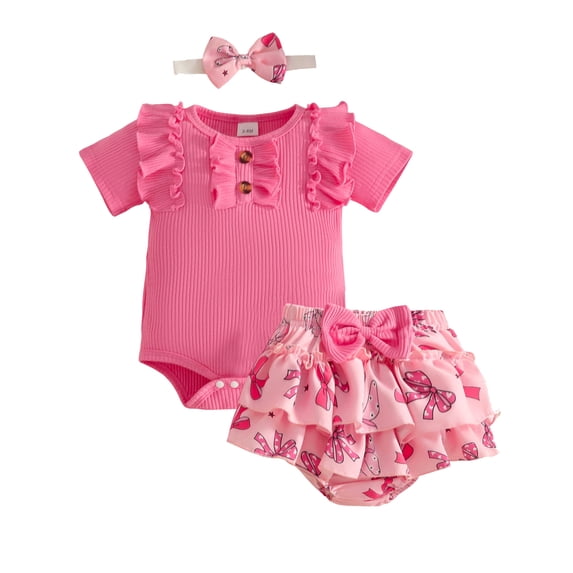 HWJAD Baby Girl Clothes Summer Outfits Short Sleeve Romper Ruffle Skirt Shorts Newborn Ruffles Bodysuit Sets