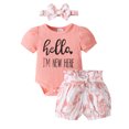 thumbnail image 1 of HWJAD Baby Girl New Here Letter Summer Clothes Newborn-6 Months Outfit Infant Ribbed Romper Bloomers Shorts Headband Set-Bowknot, 1 of 11