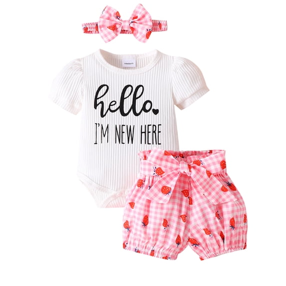 HWJAD Baby Girl New Here Letter Summer Clothes Newborn-6 Months Outfit Infant Ribbed Romper Bloomers Shorts Headband Set-Strawberry