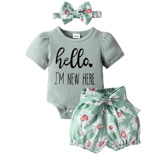 HWJAD Baby Girl New Here Letter Summer Clothes Newborn-6 Months Outfit Infant Ribbed Romper Bloomers Shorts Headband Set-Sunflower