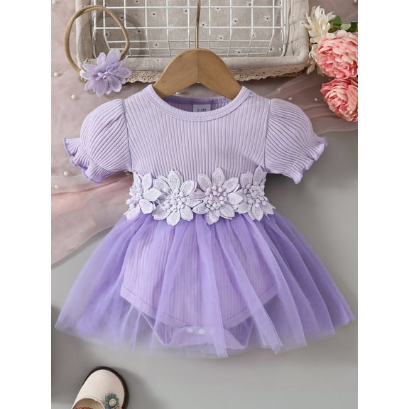 HWJAD Baby Girl Outfit Newborn Romper Dress Lace Skirt Hem Jumpsuit Cute Headband Ribbed Embroidery Bodysuit Summer Clothes