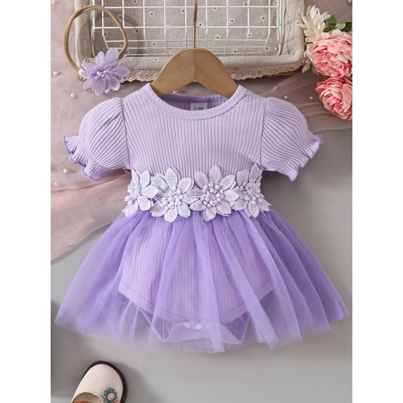 HWJAD Baby Girl Outfit Newborn Romper Dress Lace Skirt Hem Jumpsuit+Cute Headband Ribbed Embroidery Bodysuit Summer Clothes
