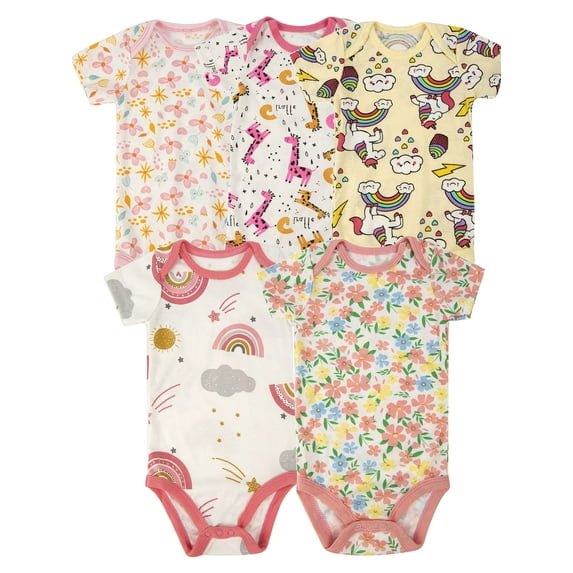 HWJAD Baby Girls 100% Cotton 5-pack Short Sleeve Bodysuits Onesies for Newborn Infant Baby