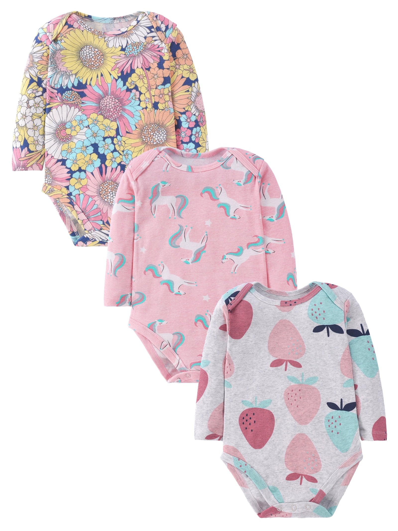 HWJAD Baby Girls' 3-Pack Long Sleeve Bodysuits One-piece 100% Organic Cotton for 0-24 Months Baby Girl