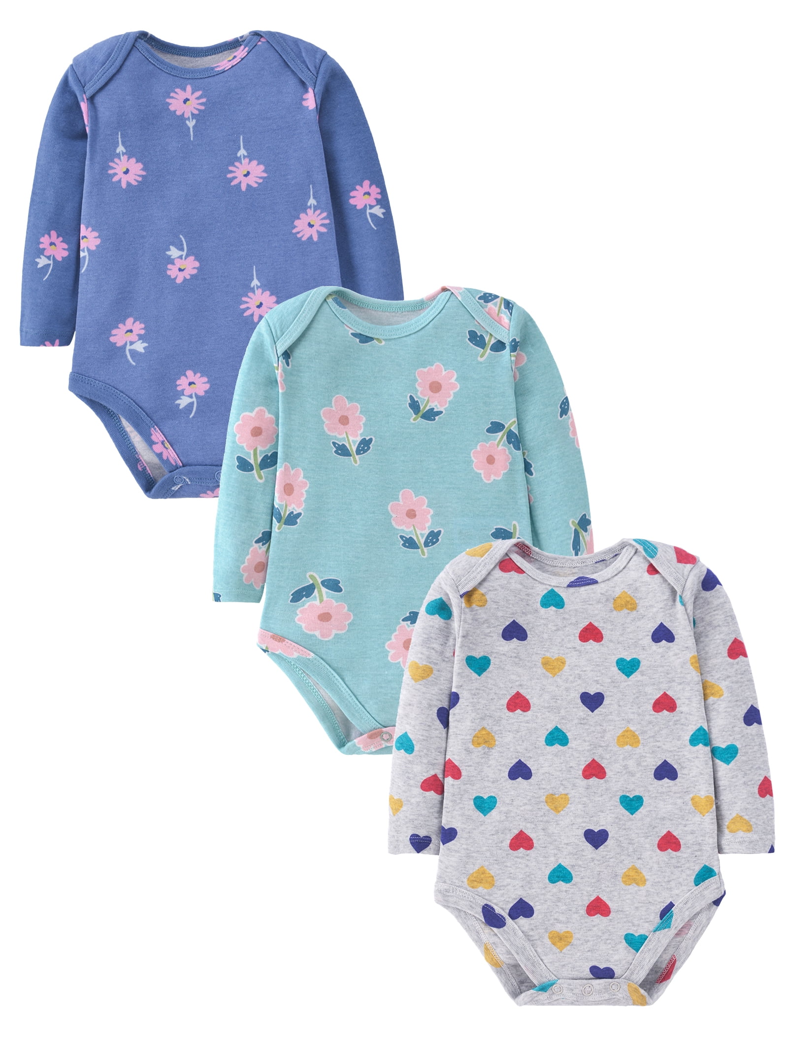 HWJAD Baby Girls' 3-Pack Long Sleeve Bodysuits One-piece 100% Organic Cotton for 0-24 Months Baby Girl