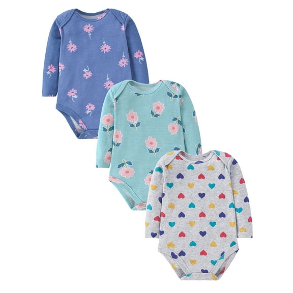 HWJAD Baby Girls' 3-Pack Long Sleeve Bodysuits One-piece 100% Organic Cotton for 0-24 Months Baby Girl