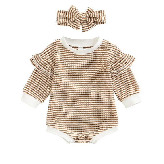 HWJAD Baby Girls Bubble Romper Infant Oversize Knit Crewneck Sweatshirt Tops and Bow Fall Winter Outfits