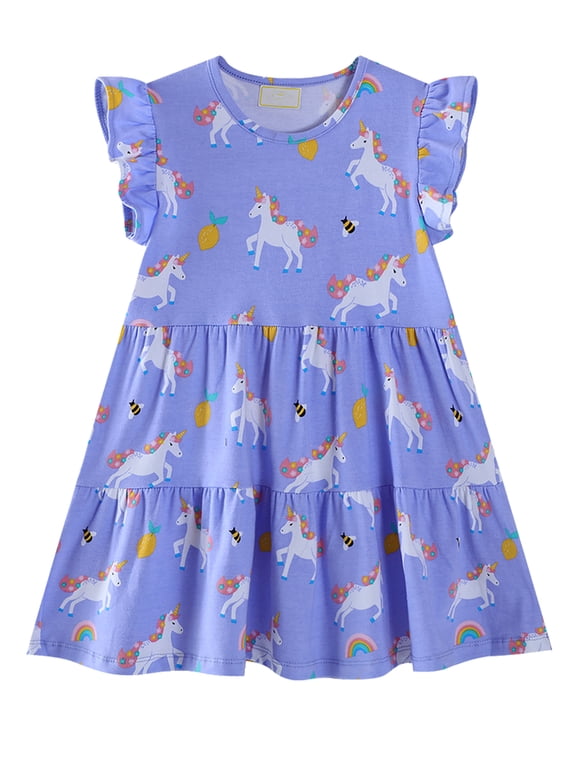 Baby Girls Flutter Sleeve Princess Cartoon Printed Dress Toddlers Spring Summer Dress Unicorn 3T