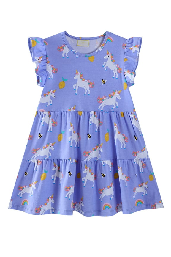 Baby Girls Flutter Sleeve Princess Cartoon Printed Dress Toddlers Spring Summer Dress Unicorn 3T